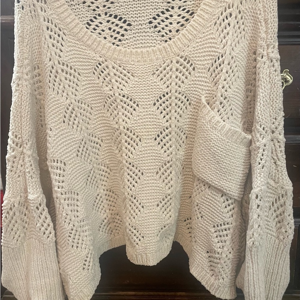 POL Cream Crew Neck Sweater with Intricate Openwork